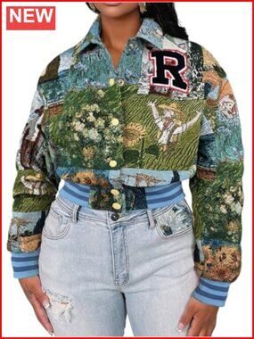 Women's Floral Cropped Bomber Jacket Varsity Letter Patch Snap Front